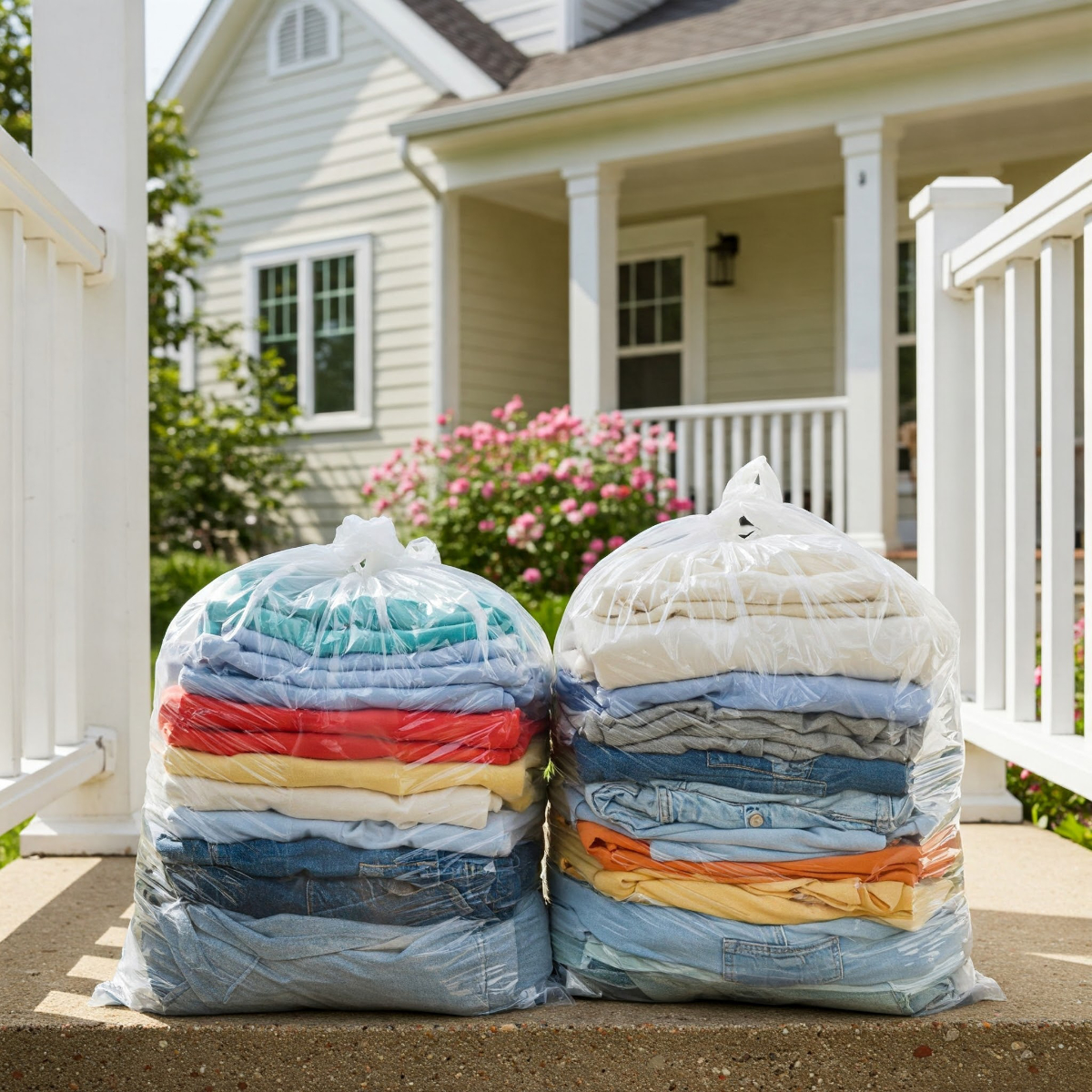 Laundry In Plastic Bags On Door Step Of Suburban Home 1200X1200 (1)
